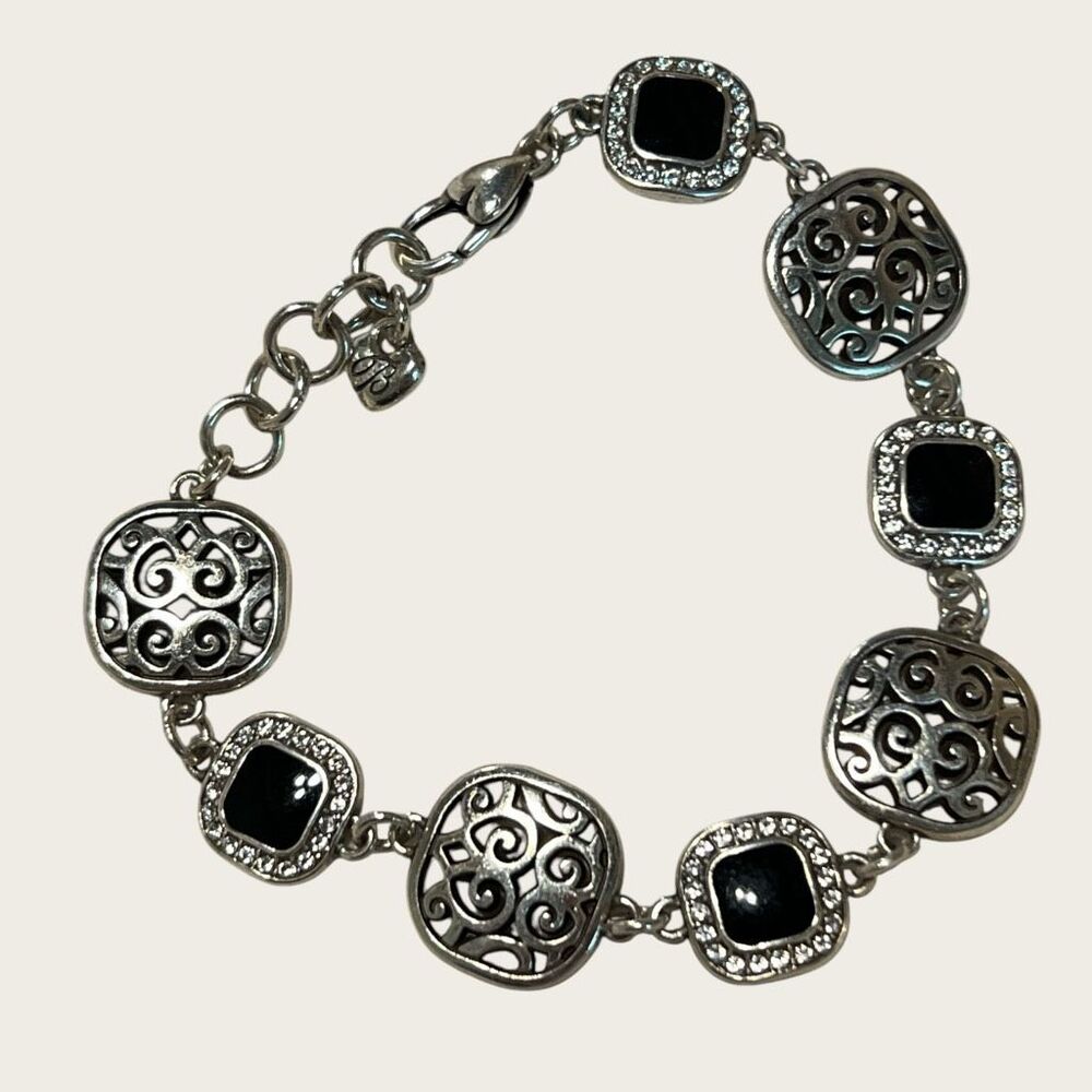 Brighton Black Enamel Clear Rhinestone Scroll Link Bracelet Adjustable